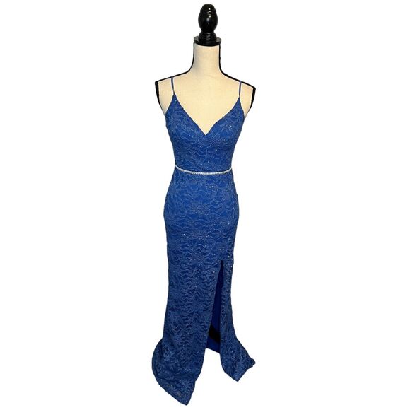 City Vibe Blue Shimmer Glitter Lace High Slit Evening Gown Size 3 Rhinestones - Picture 2 of 8
